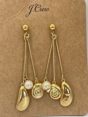 J. Crew Gold Tone Dangle Earrings with Pearl Drops and Shells 3” L Post Style